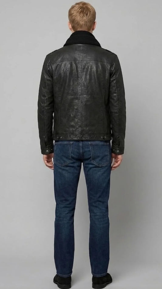 BLACK LEATHER TRUCKER JACKET