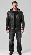 BLACK LEATHER JACKET WITH HOOD