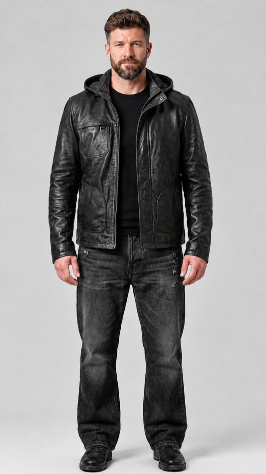 BLACK LEATHER JACKET WITH HOOD