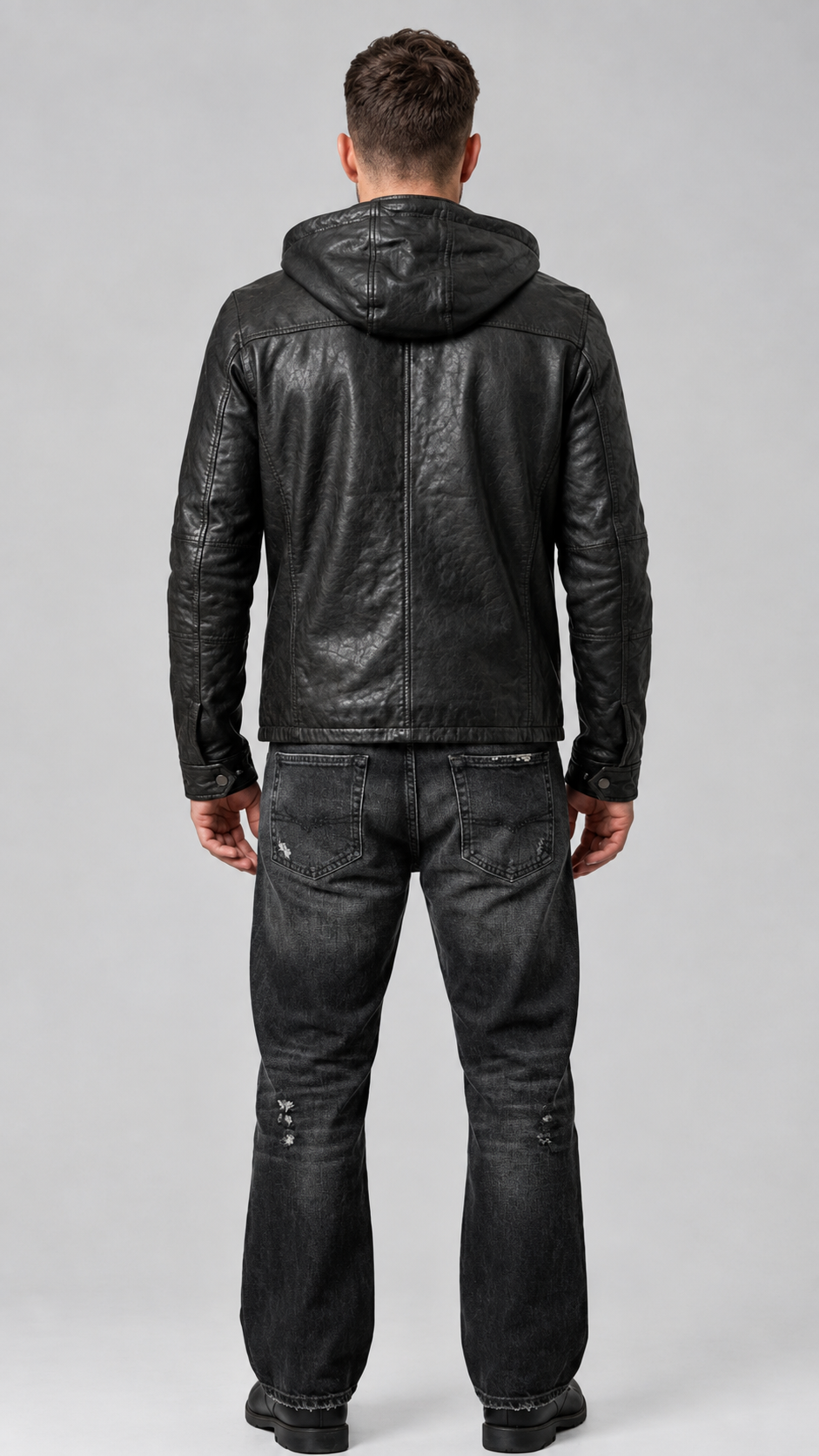 BLACK LEATHER JACKET WITH HOOD