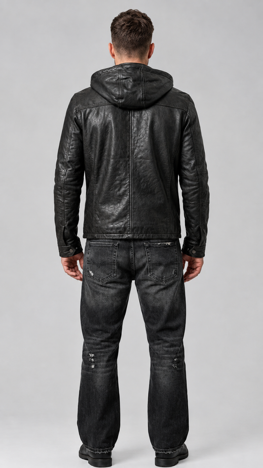 BLACK LEATHER JACKET WITH HOOD