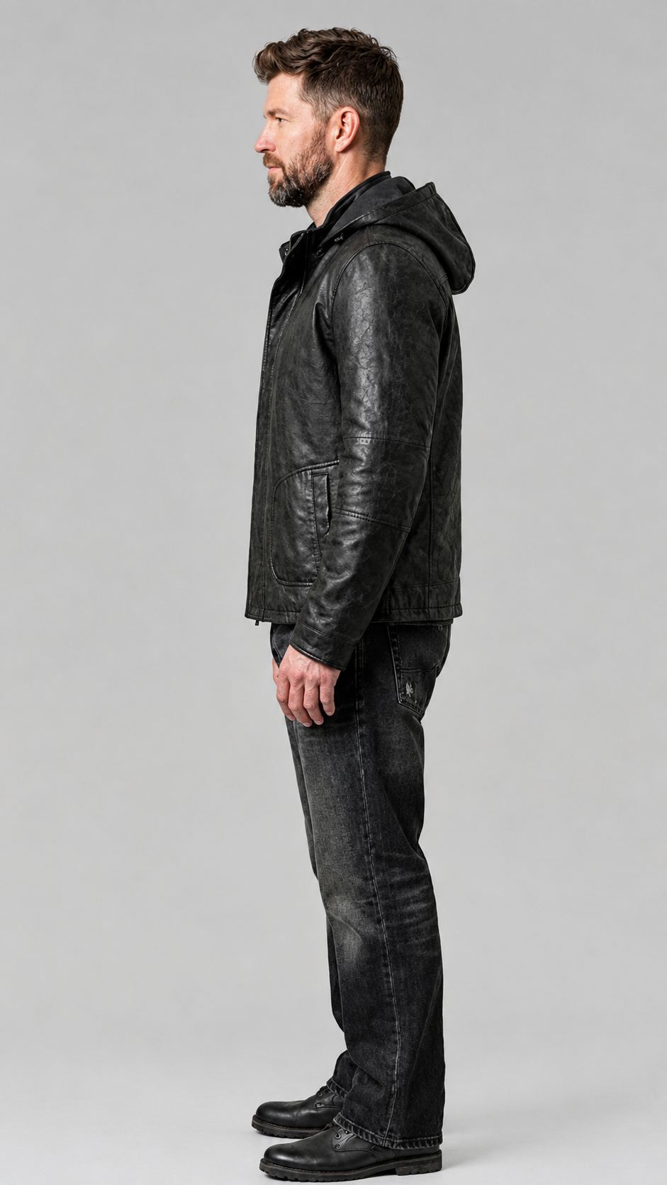 BLACK LEATHER JACKET WITH HOOD
