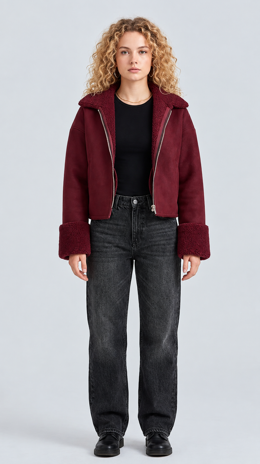 DARK MAROON SUEDE AVIATOR JACKET WITH SHEARLING
