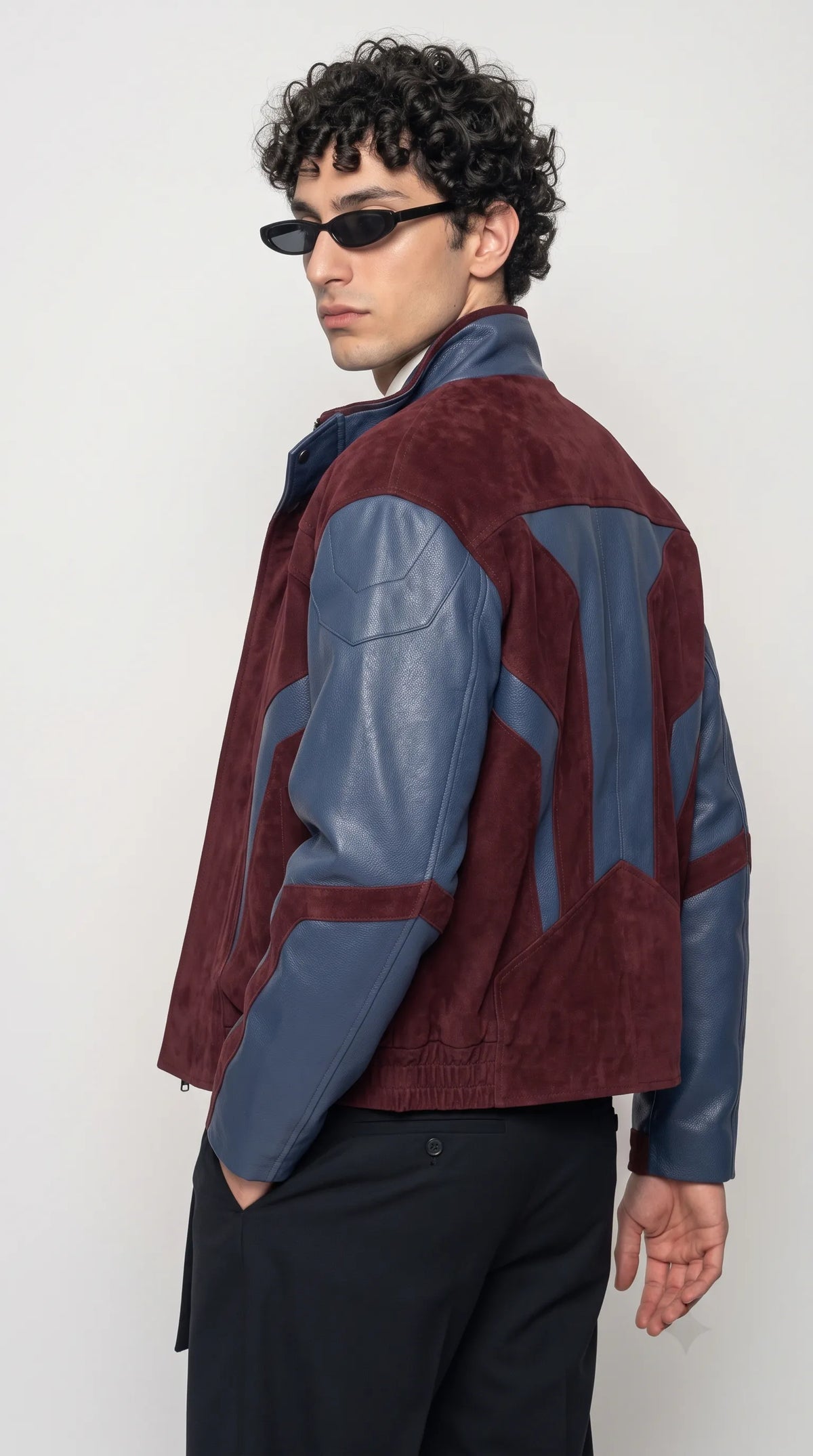 DARK RED SUEDE AND DARK BLUE LEATHER OVERSIZED JACKET