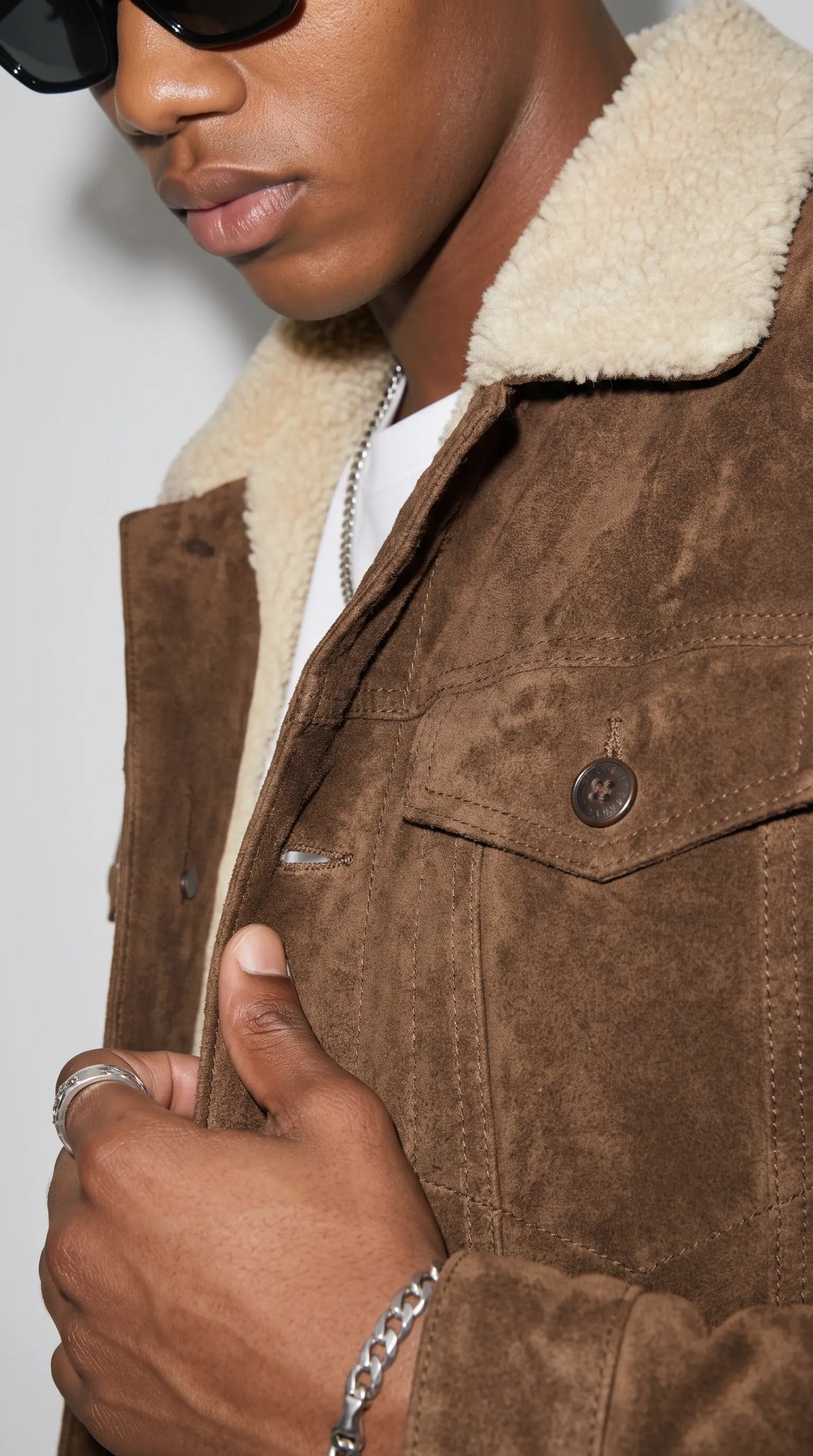 DARK CHOCOLATE BROWN SUEDE TRUCKER JACKET WITH CREAM SHEARLING