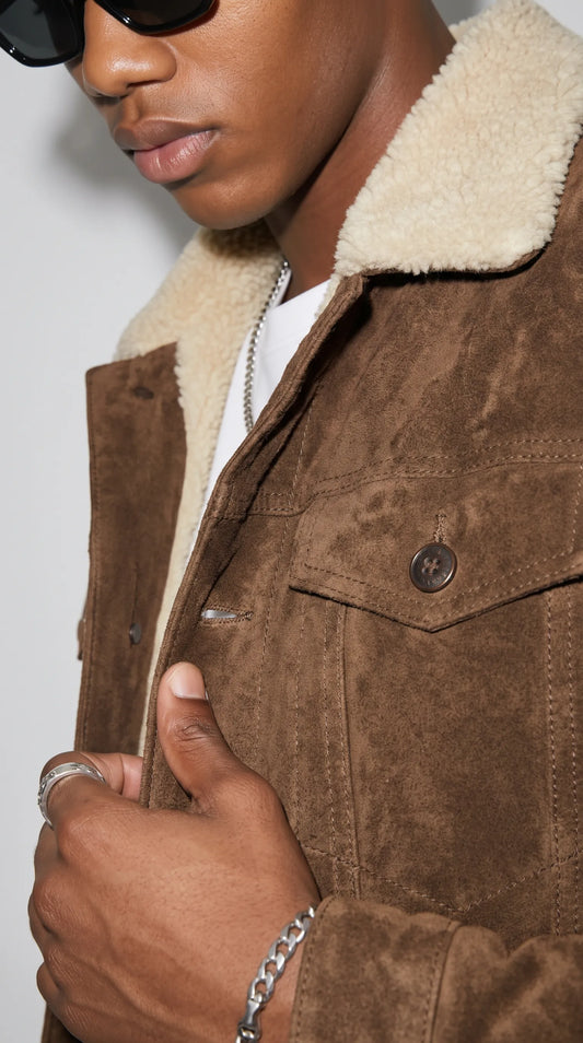 DARK CHOCOLATE BROWN SUEDE TRUCKER JACKET WITH CREAM SHEARLING