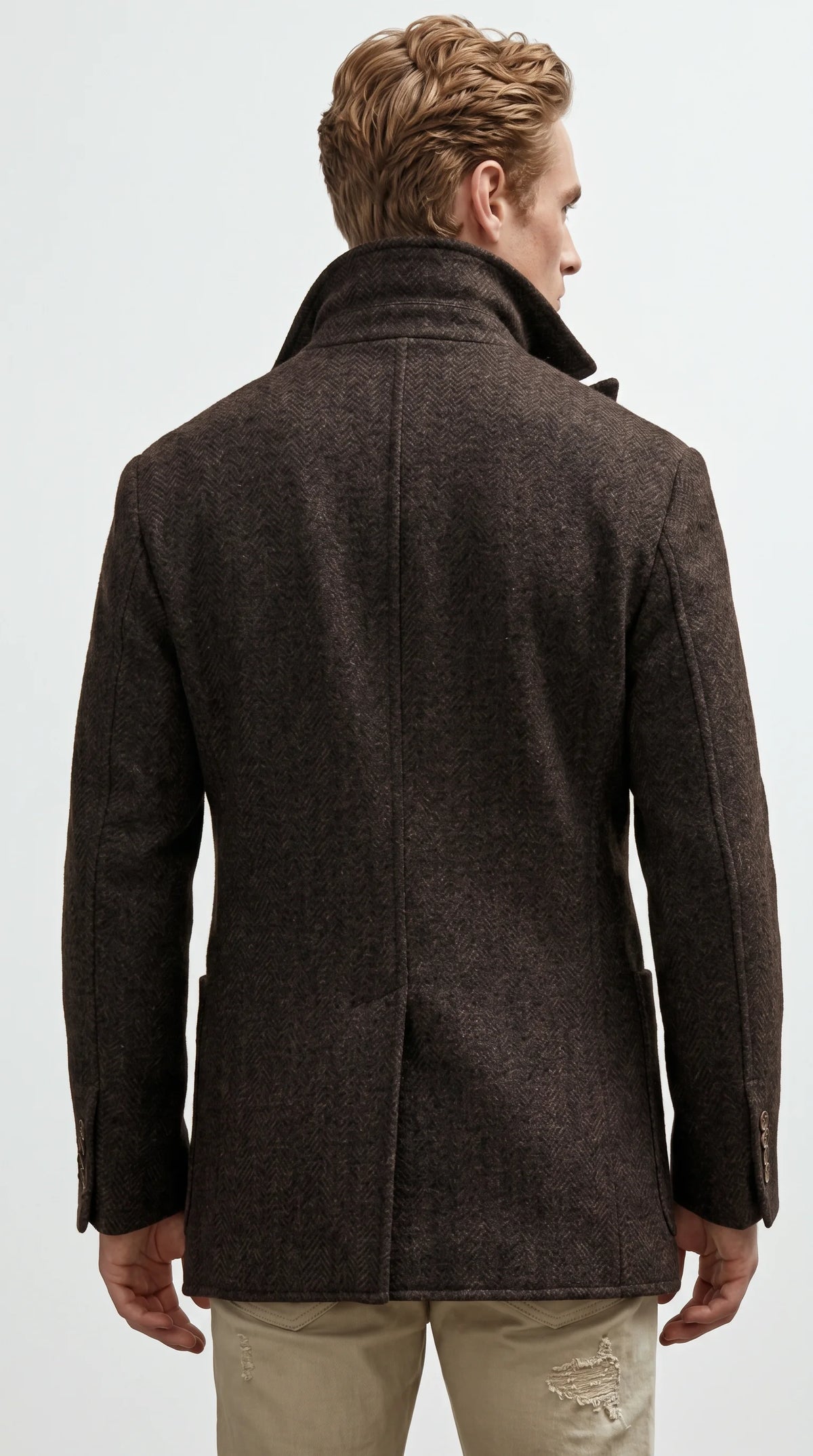 DARK BROWN LONG WOOL PEA-COAT