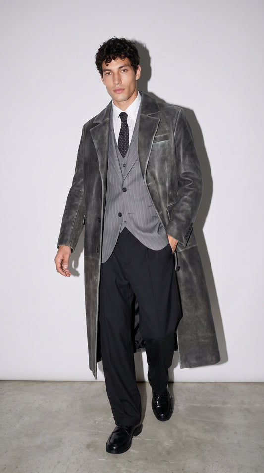 DARK GREY DISTRESSED LEATHER OVERCOAT