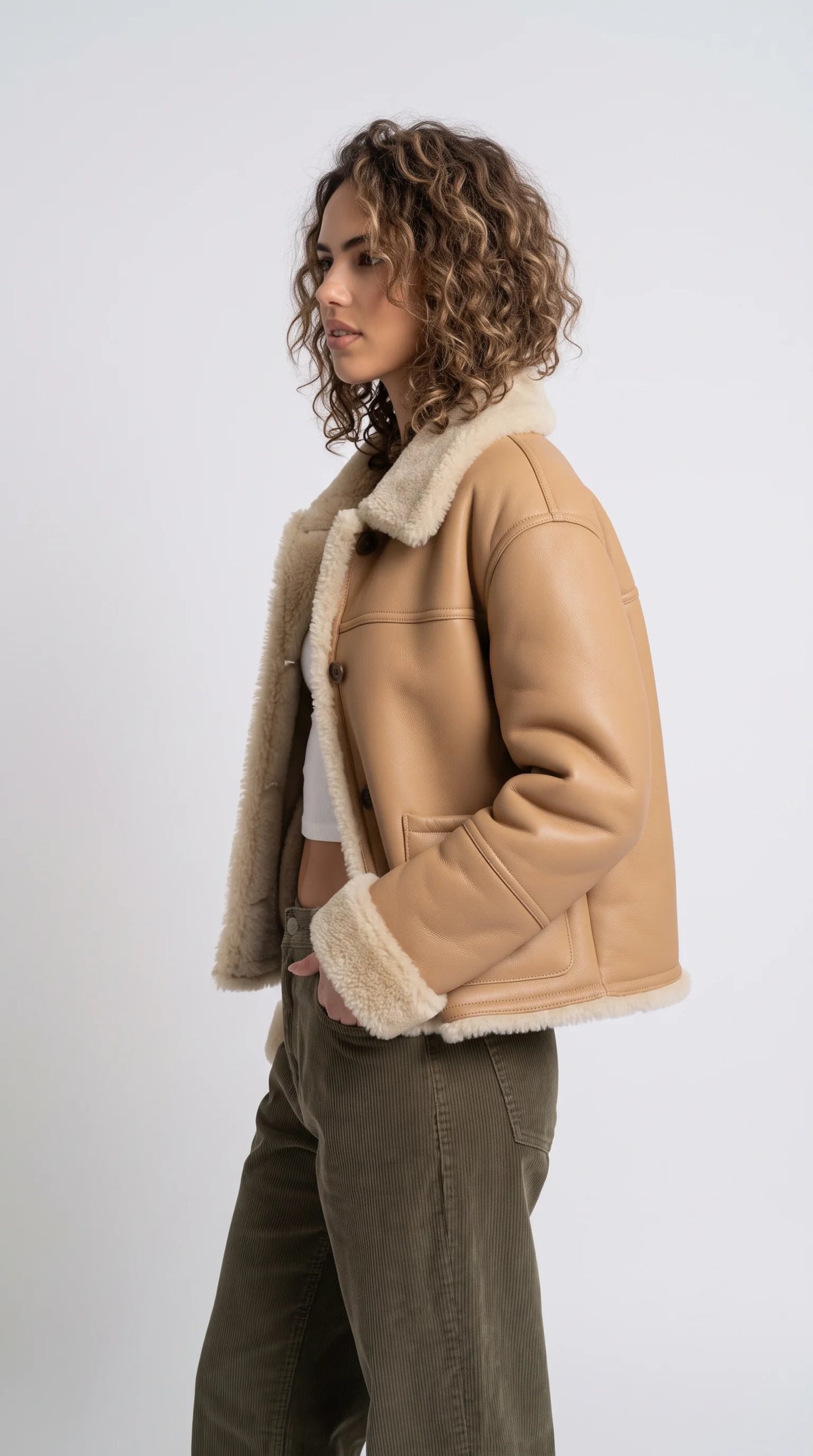 BEIGE LEATHER JACKET WITH CREAM SHEARLING