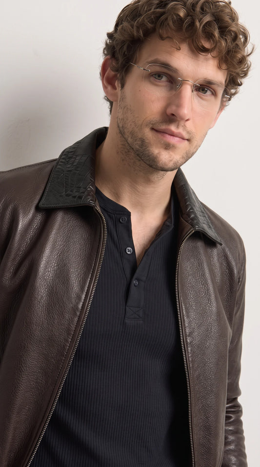 DARK BROWN LEATHER AND BLACK CROCODILE LEATHER JACKET