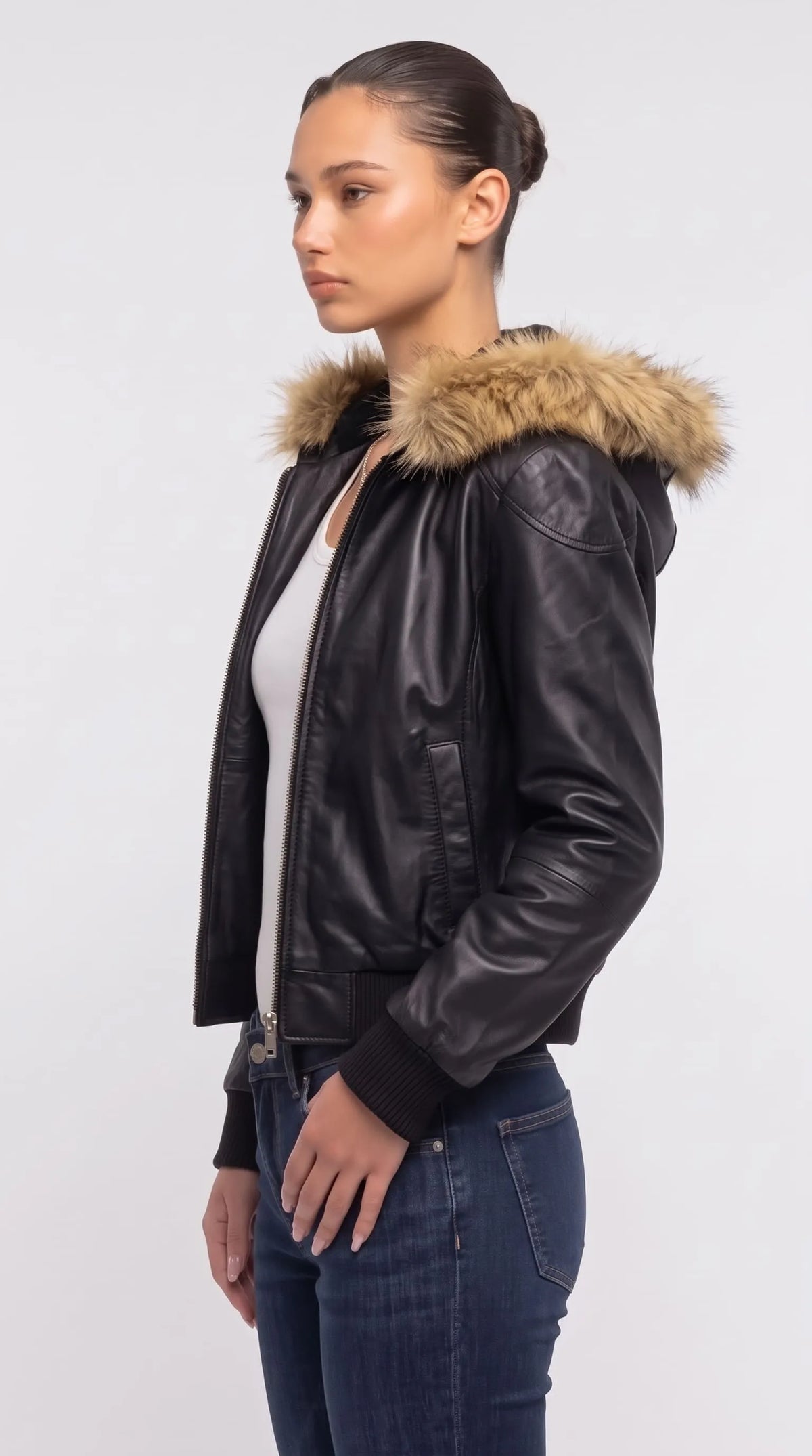 DARK BLACK LEATHER BAGGY OVERSIZED Y2K JACKET WITH BROWN FUR