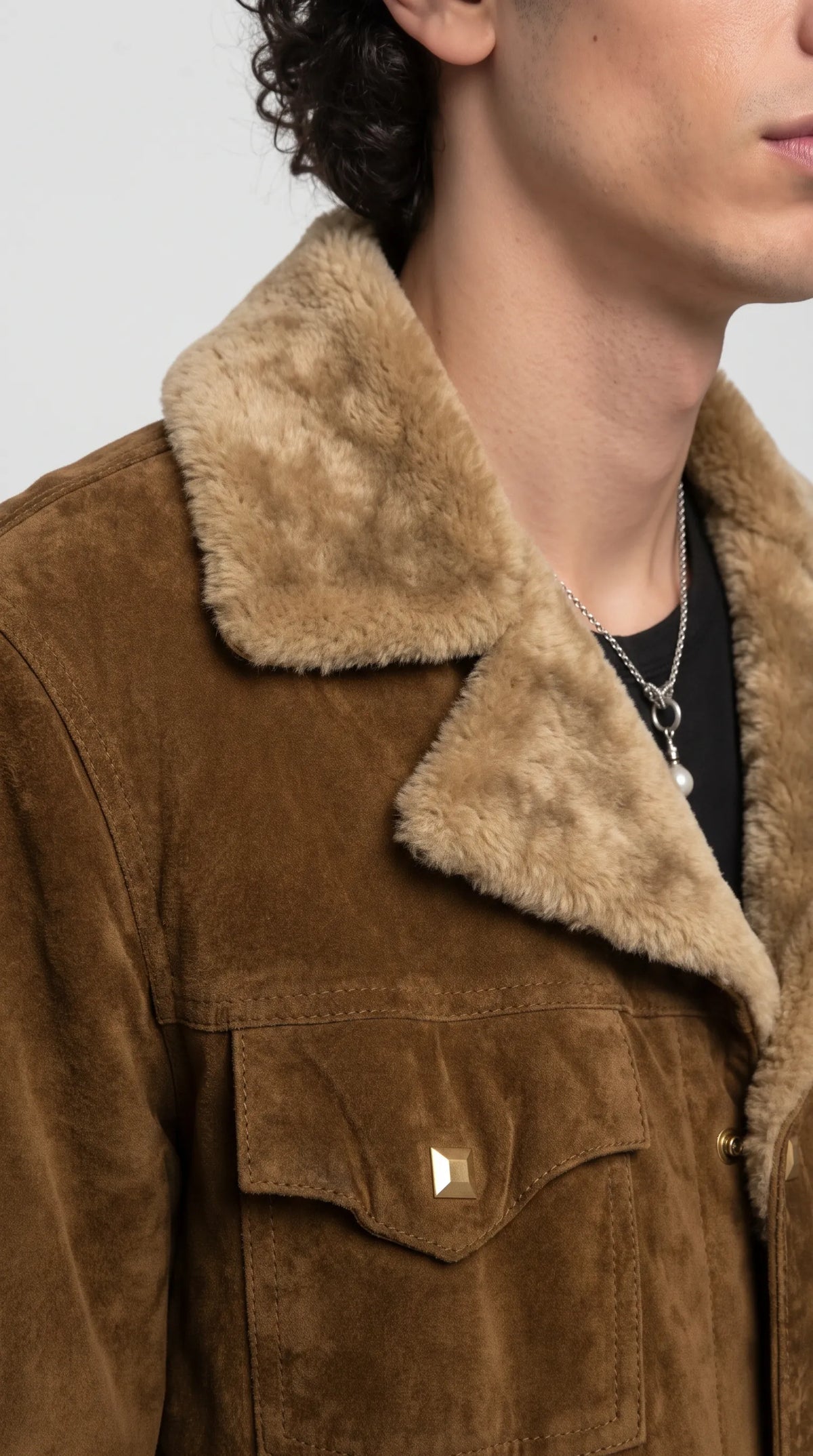 DARK MUSTARD SUEDE WESTERN JACKET WITH FUR