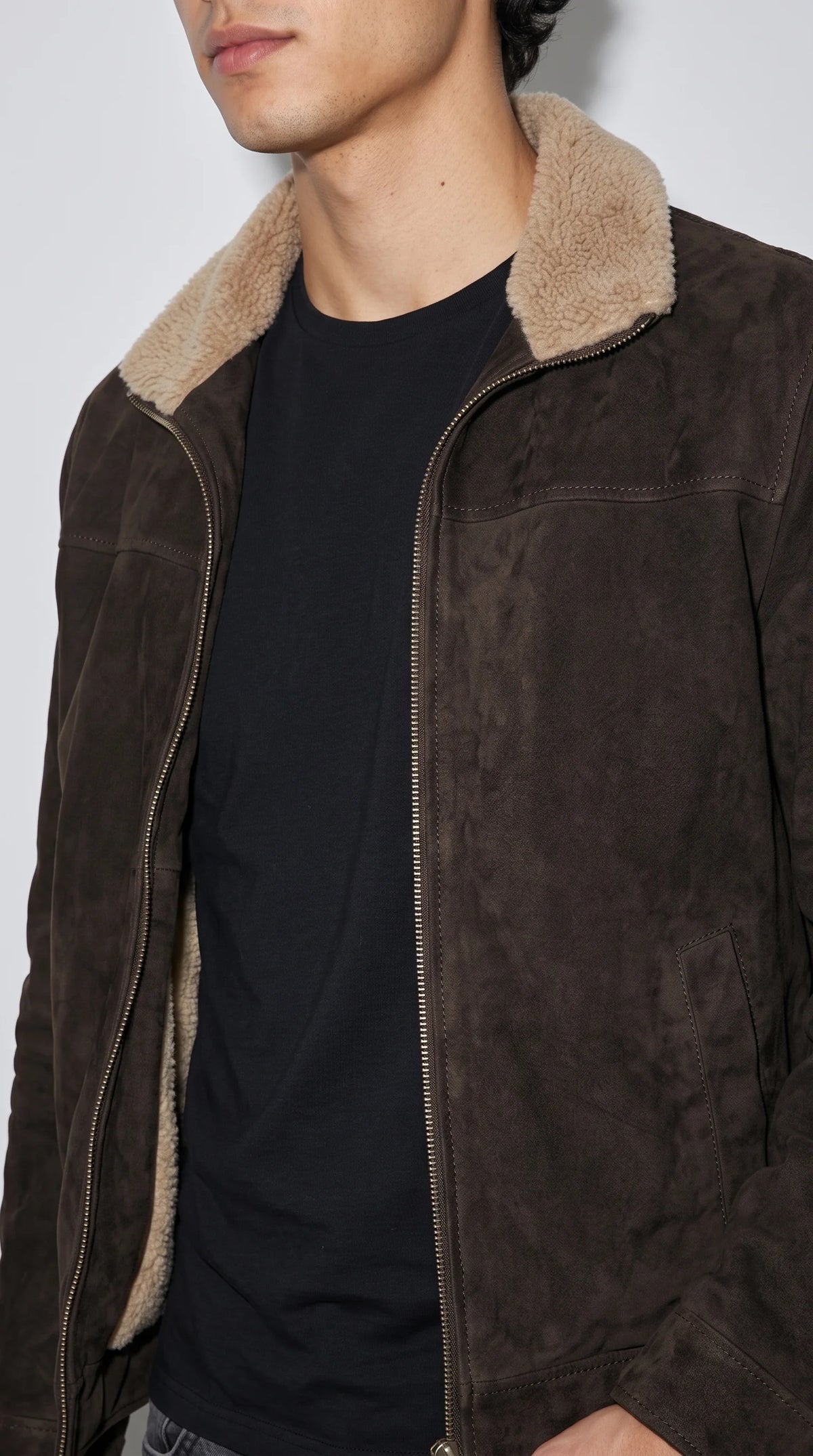 DARK CHOCOLATE BROWN SUEDE JACKET WITH SHEARLING