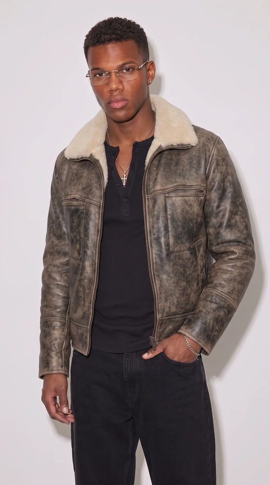 DARK GREY DISTRESSED LEATHER WITH WHITE SHEARLING JACKET