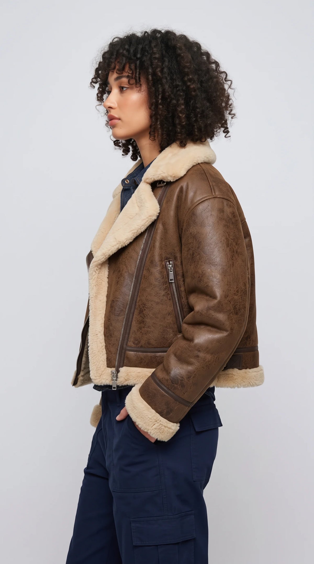 BROWN LEATHER CROPPED AVIATOR FLIGHT JACKET WITH CREAM SHEARLING
