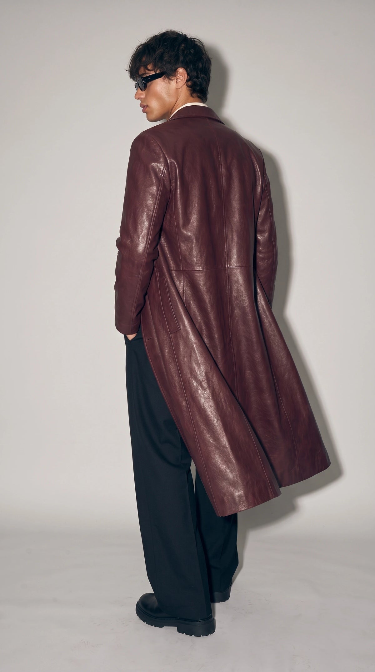 DARK RED VINE LONG LEATHER COAT
