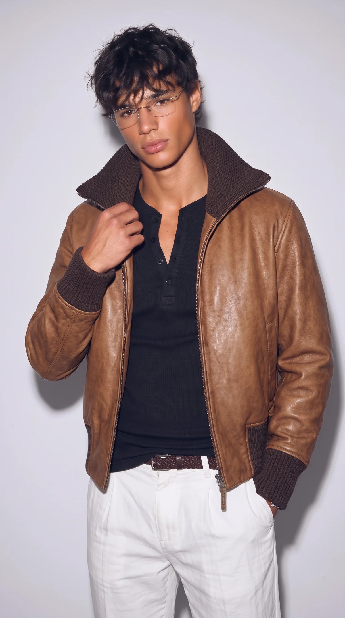 DARK BROWN LEATHER BOMBER JACKET