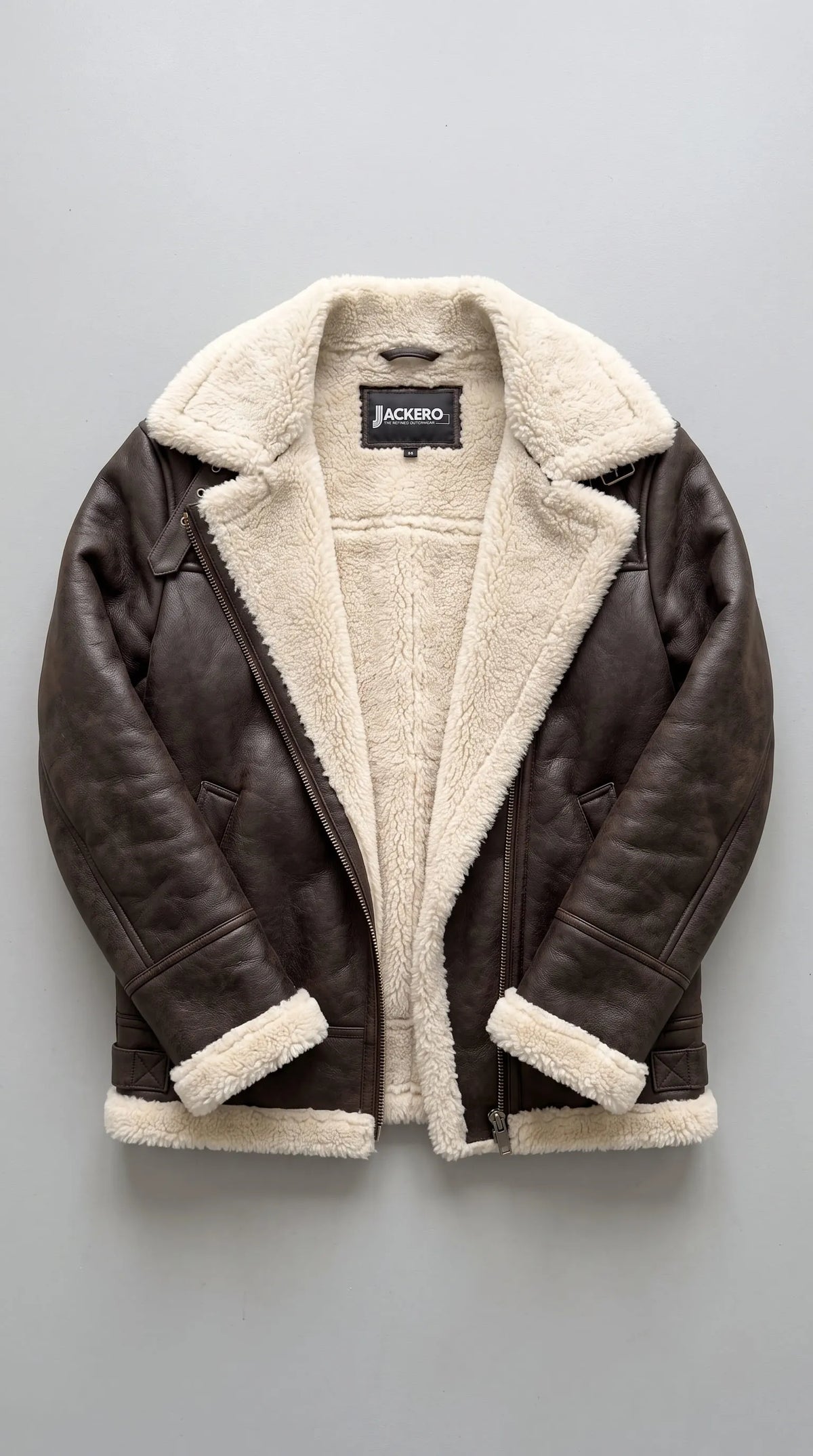 DARK CHOCOLATE BROWN LEATHER BAGGY OVERSIZED JACKET WITH SHEARLING