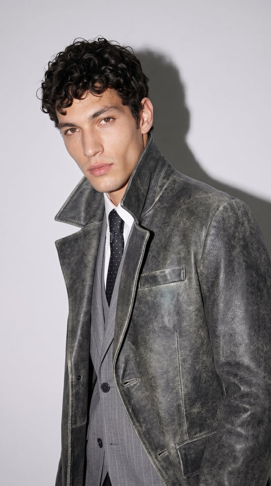 DARK GREY DISTRESSED LEATHER OVERCOAT