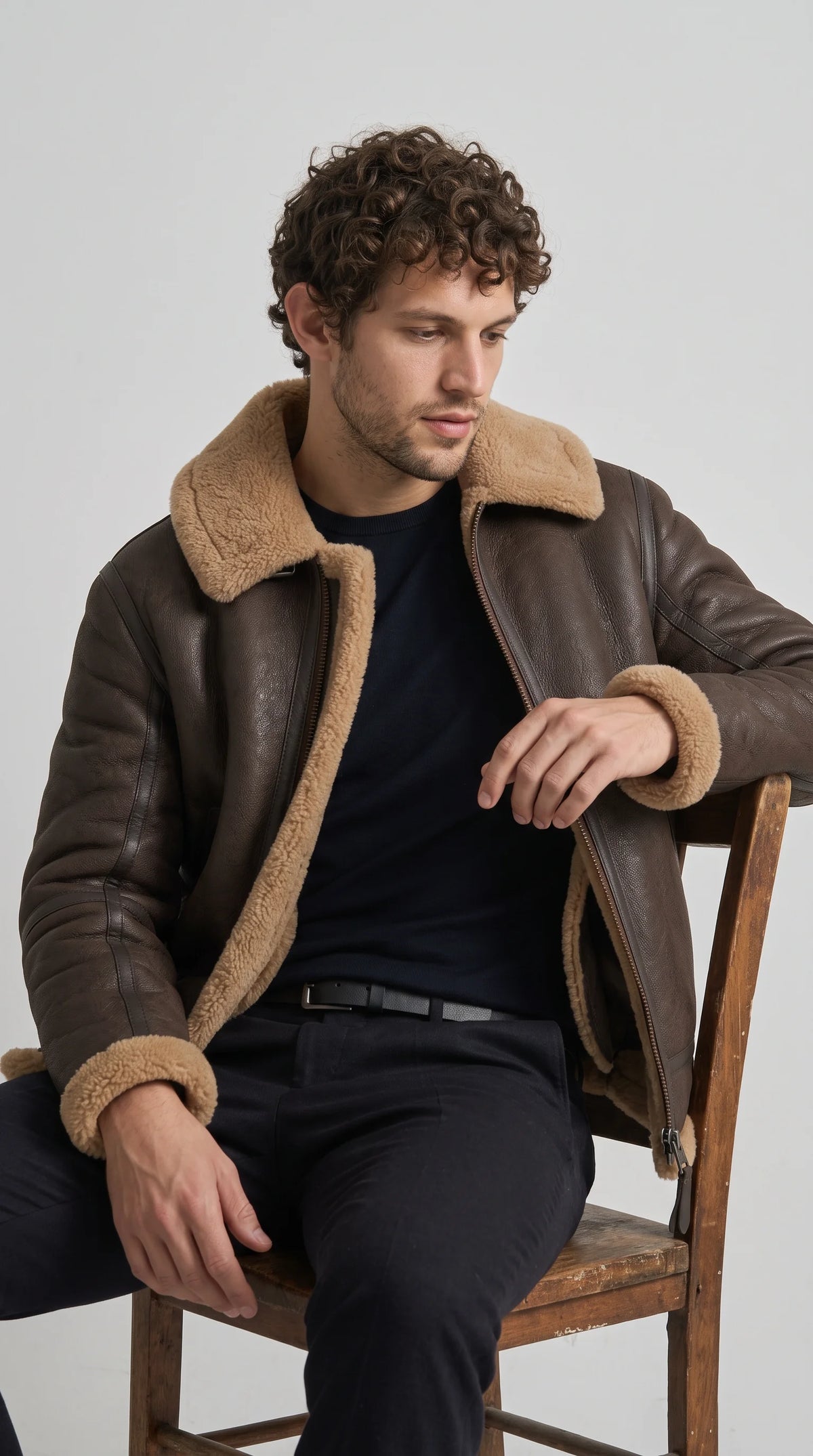 DARK BROWN LEATHER AVIATOR JACKET WITH TAN SHEARLING