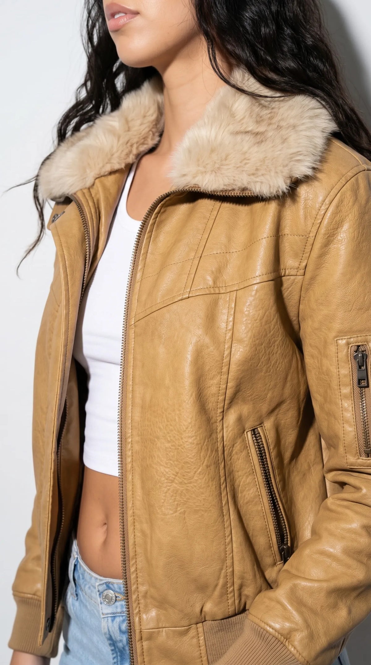 DARK MUSTARD LEATHER JACKET WITH FUR