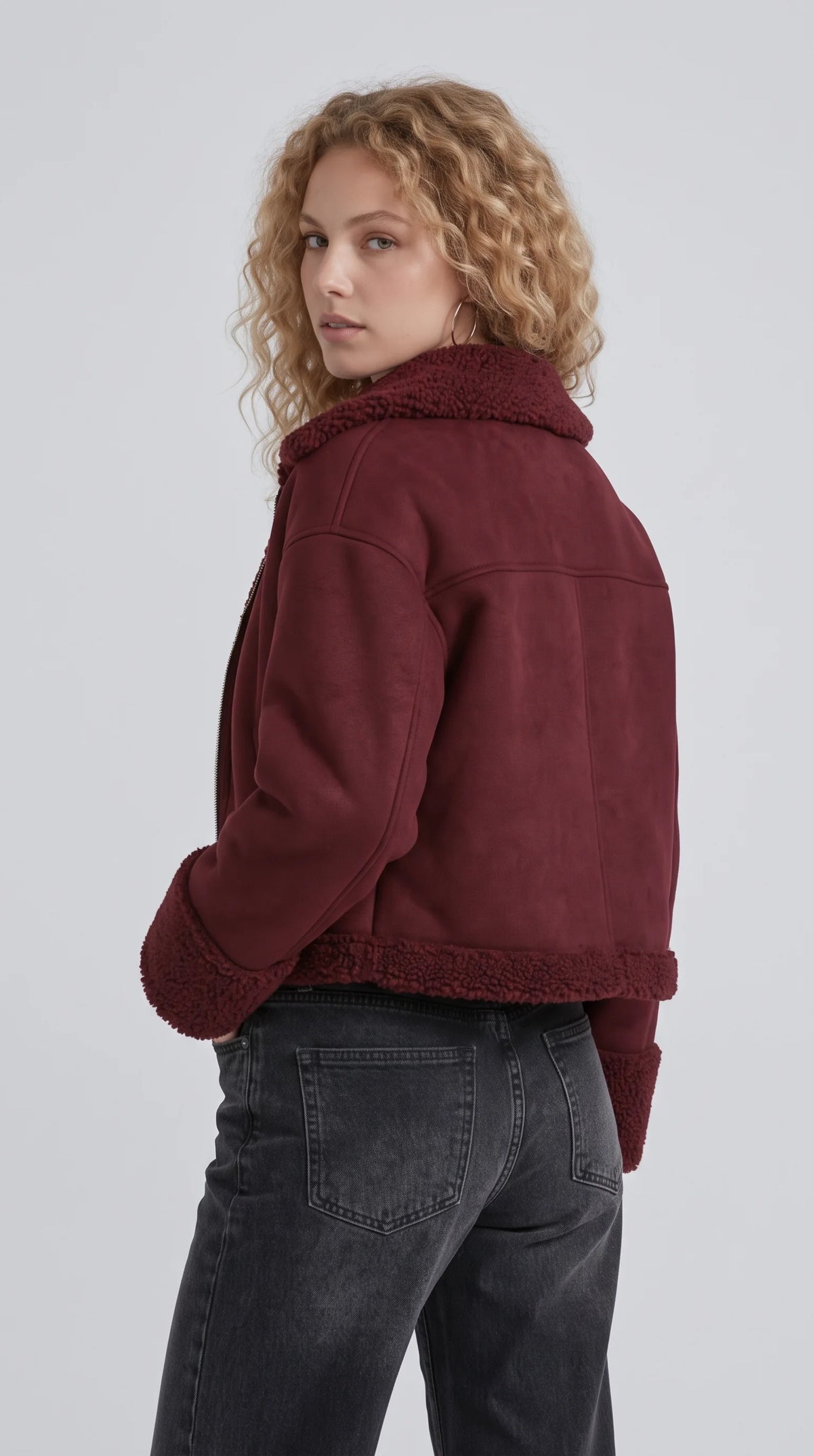 DARK MAROON SUEDE AVIATOR JACKET WITH SHEARLING