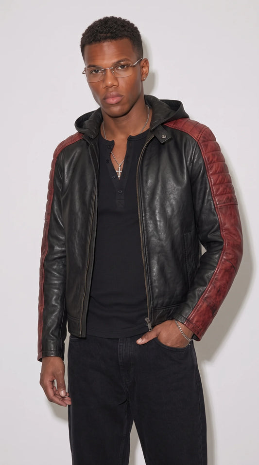 PREMIUM DARK BLACK AND RED QUILTED LEATHER JACKET WITH HOOD