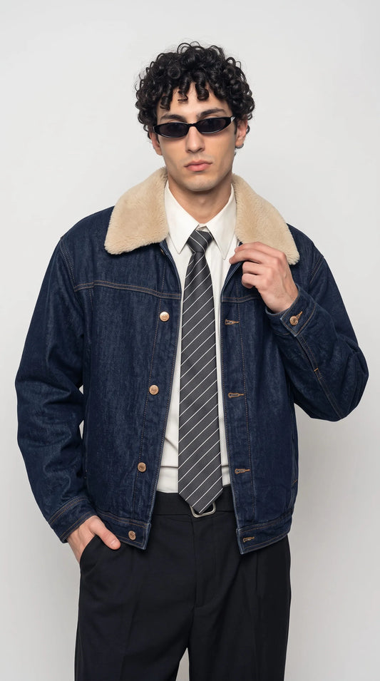 DARK INDIGO DENIM JACKET WITH SOFT PLUSH SHEARLING COLLAR