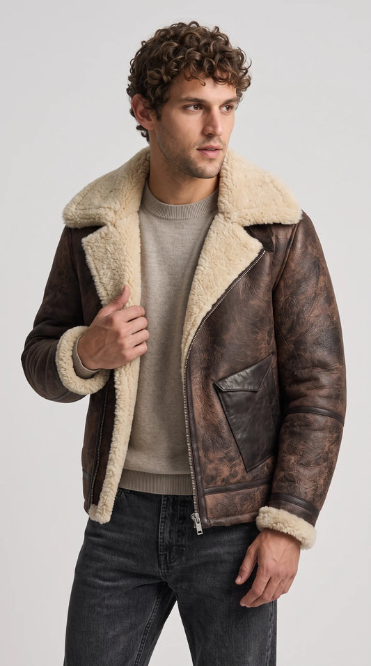 DARK BROWN DISTRESSED AVIATOR JACKET WITH CREAM SHEARLING
