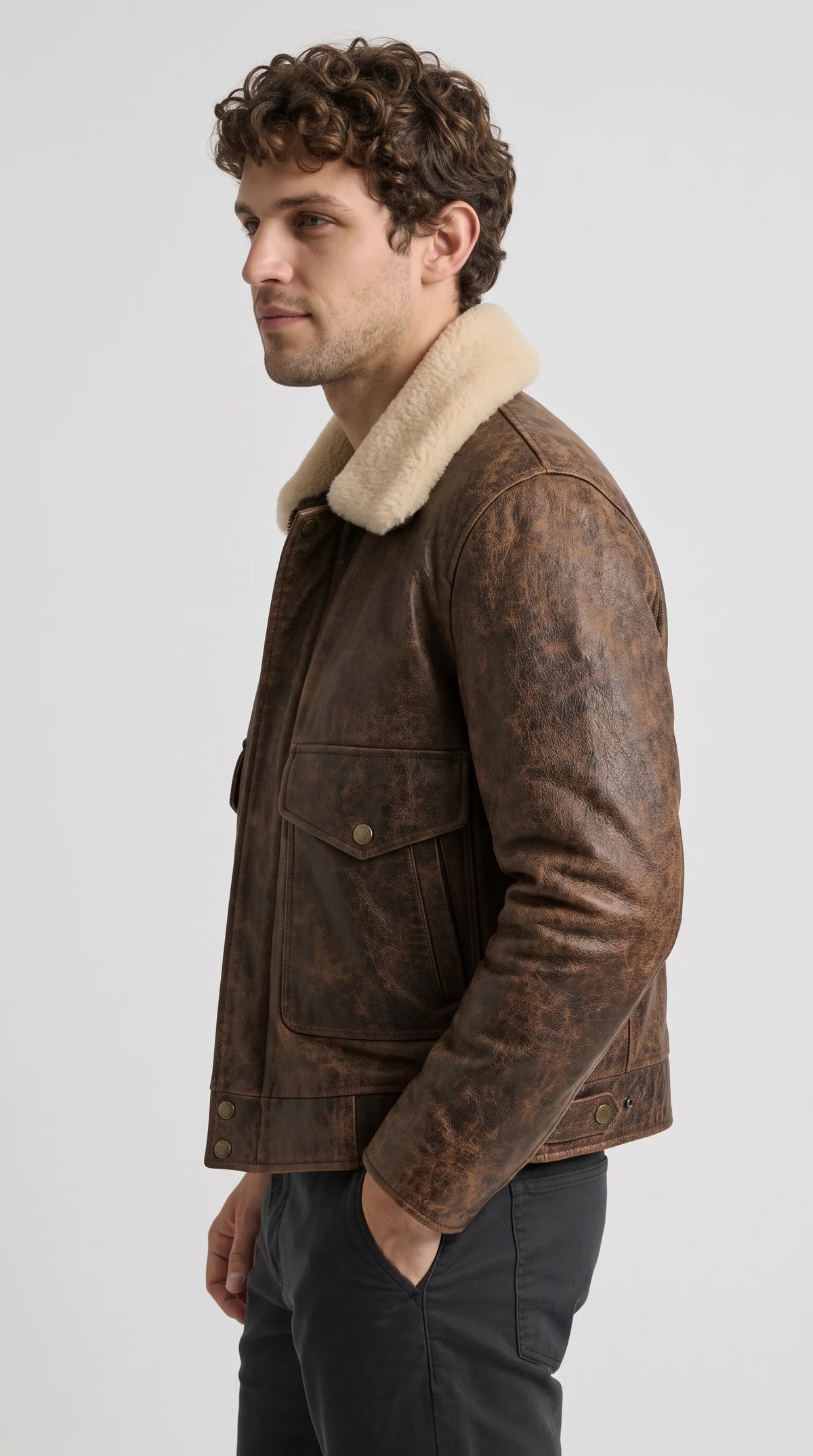 DARK BROWN DISTRESSED LEATHER FLIGHT JACKET WITH CREAM SHEARLING