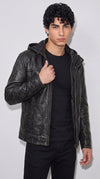 BLACK LEATHER JACKET WITH HOOD