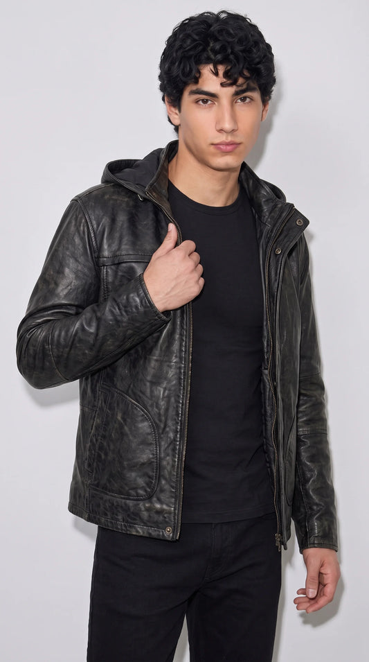 BLACK LEATHER JACKET WITH HOOD