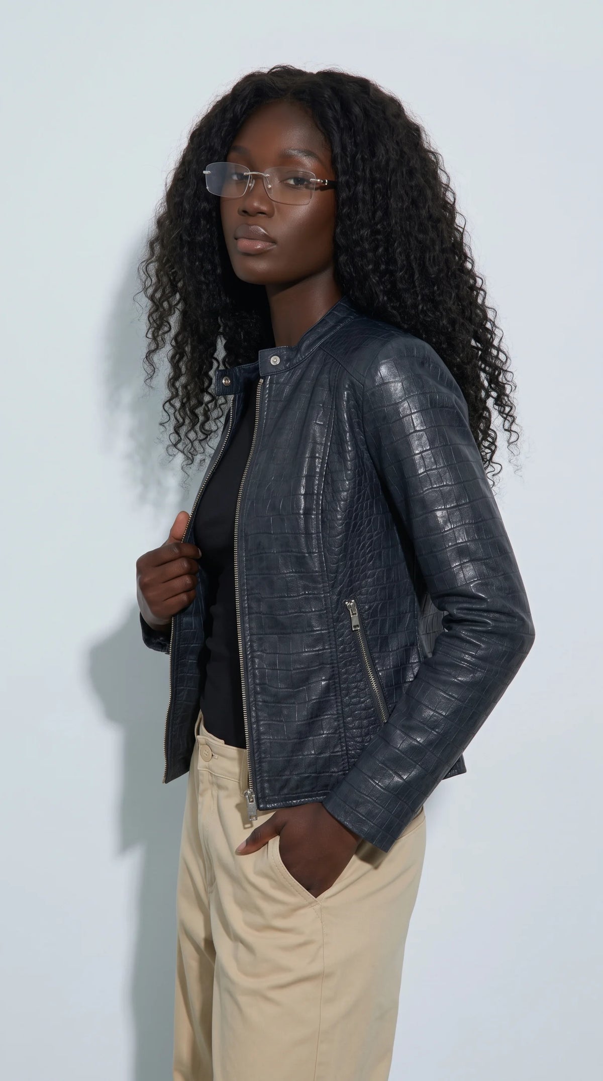 WOMEN BLACK CROCODILE LEATHER JACKET