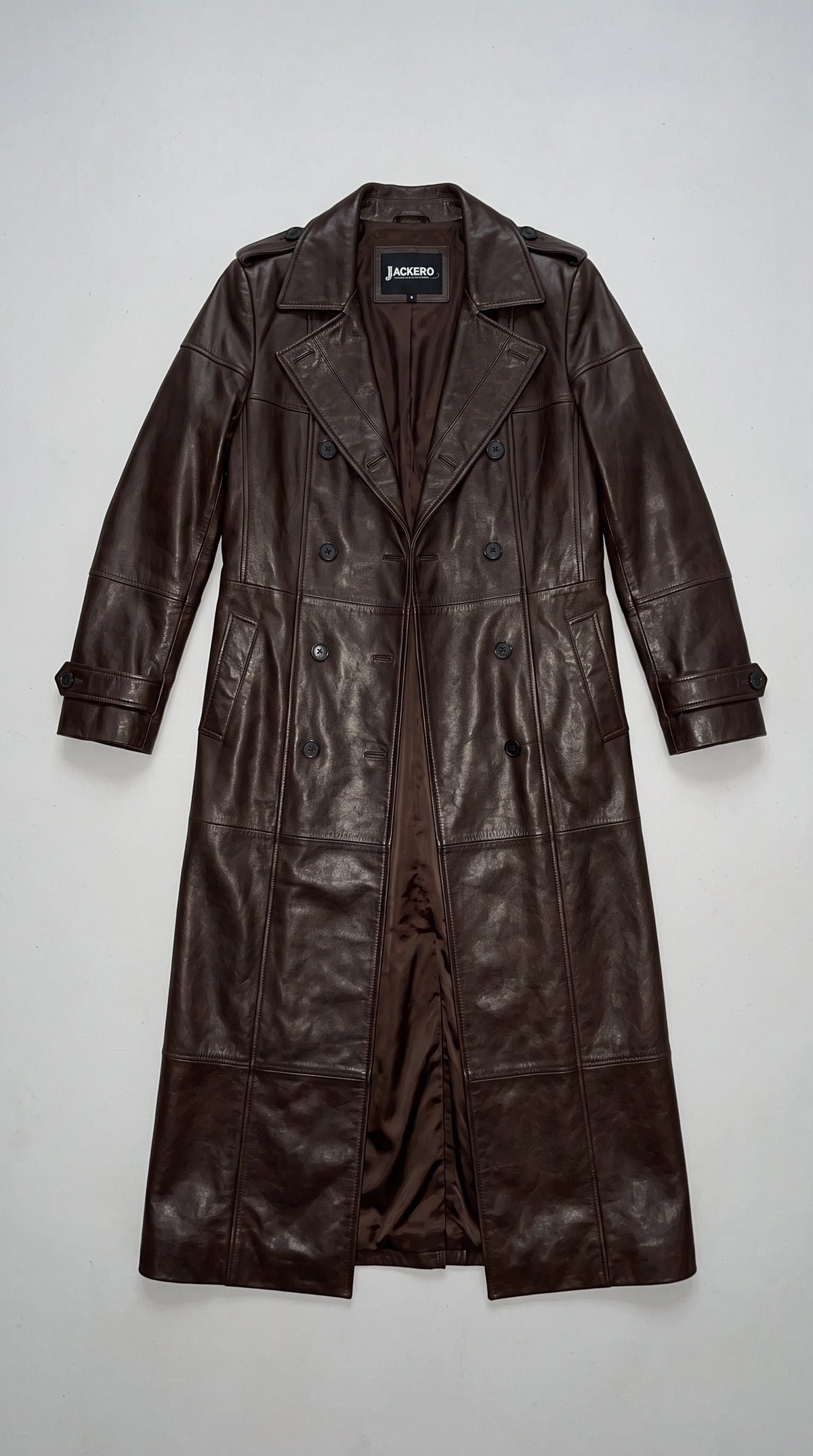DARK CHOCOLATE BROWN LONG LEATHER TRENCH COAT