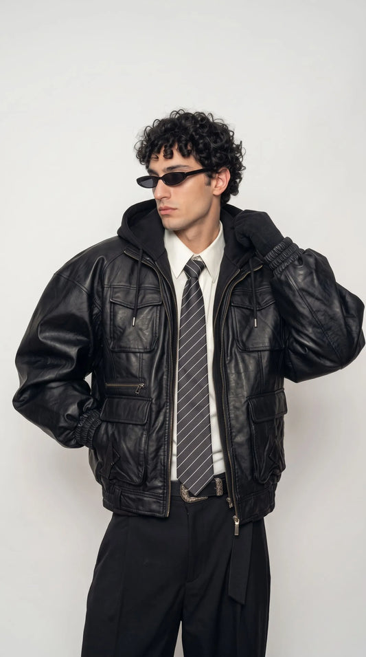BLACK LEATHER HOODED JACKET