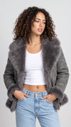 DARK GREY SUEDE AVIATOR FLIGHT JACKET WITH DARK GREY FAUX SHEARLING