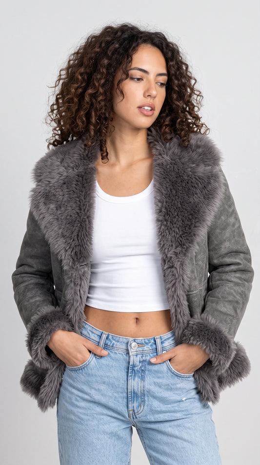 DARK GREY SUEDE AVIATOR FLIGHT JACKET WITH DARK GREY FAUX SHEARLING