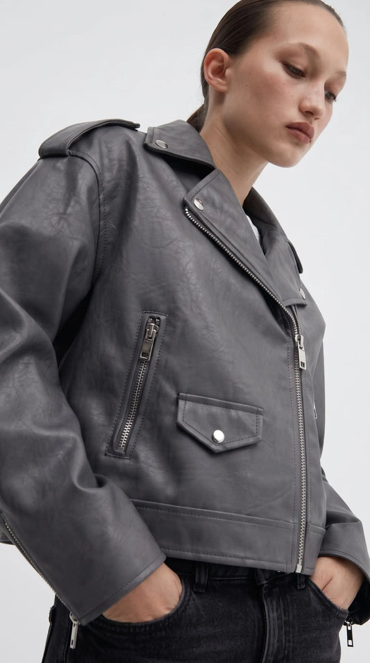 GREY LEATHER BIKER JACKET