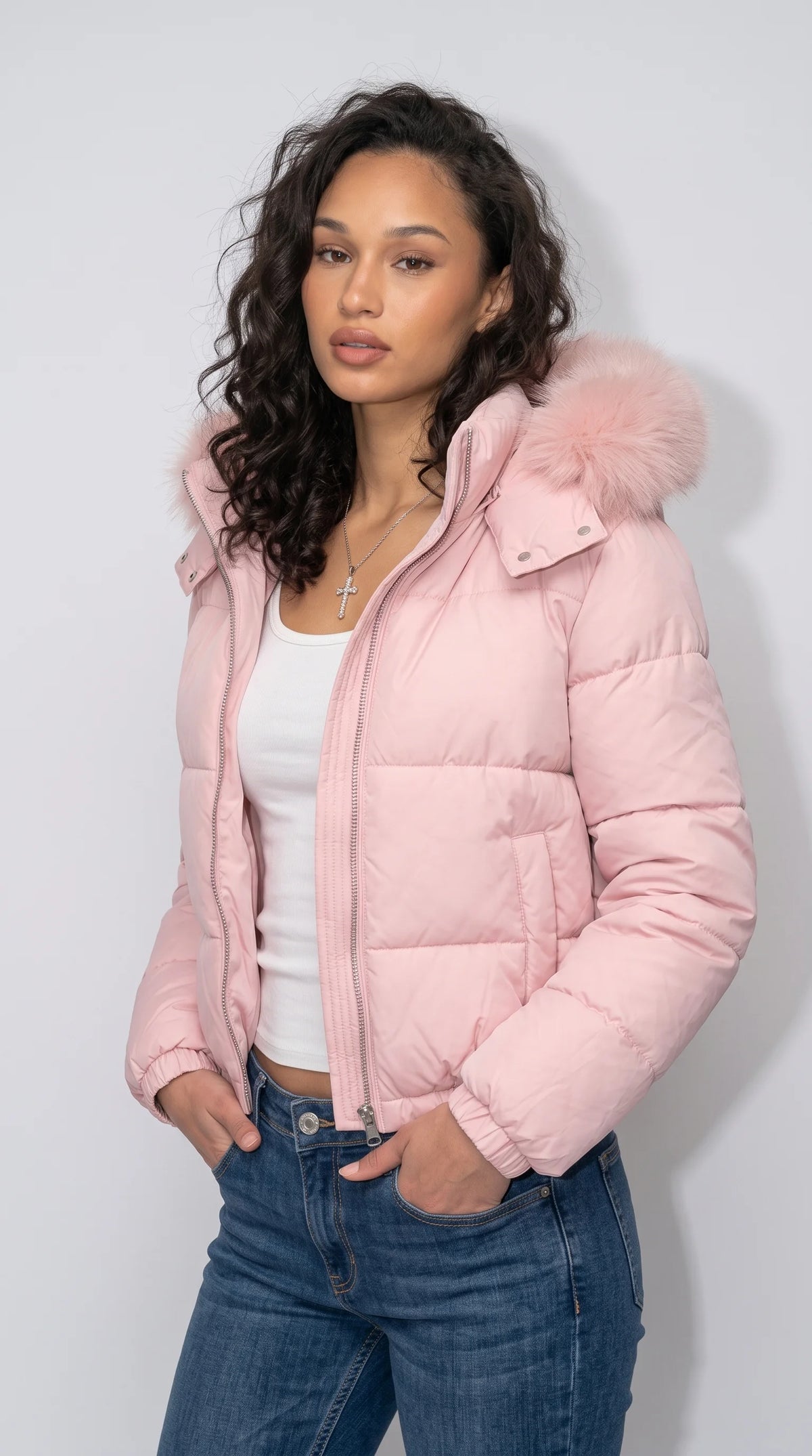 BABY PINK PUFFER JACKET WITH FUR  HOOD