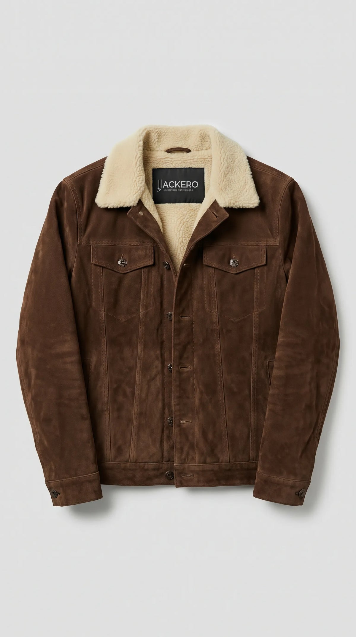DARK CHOCOLATE BROWN SUEDE TRUCKER JACKET WITH CREAM SHEARLING