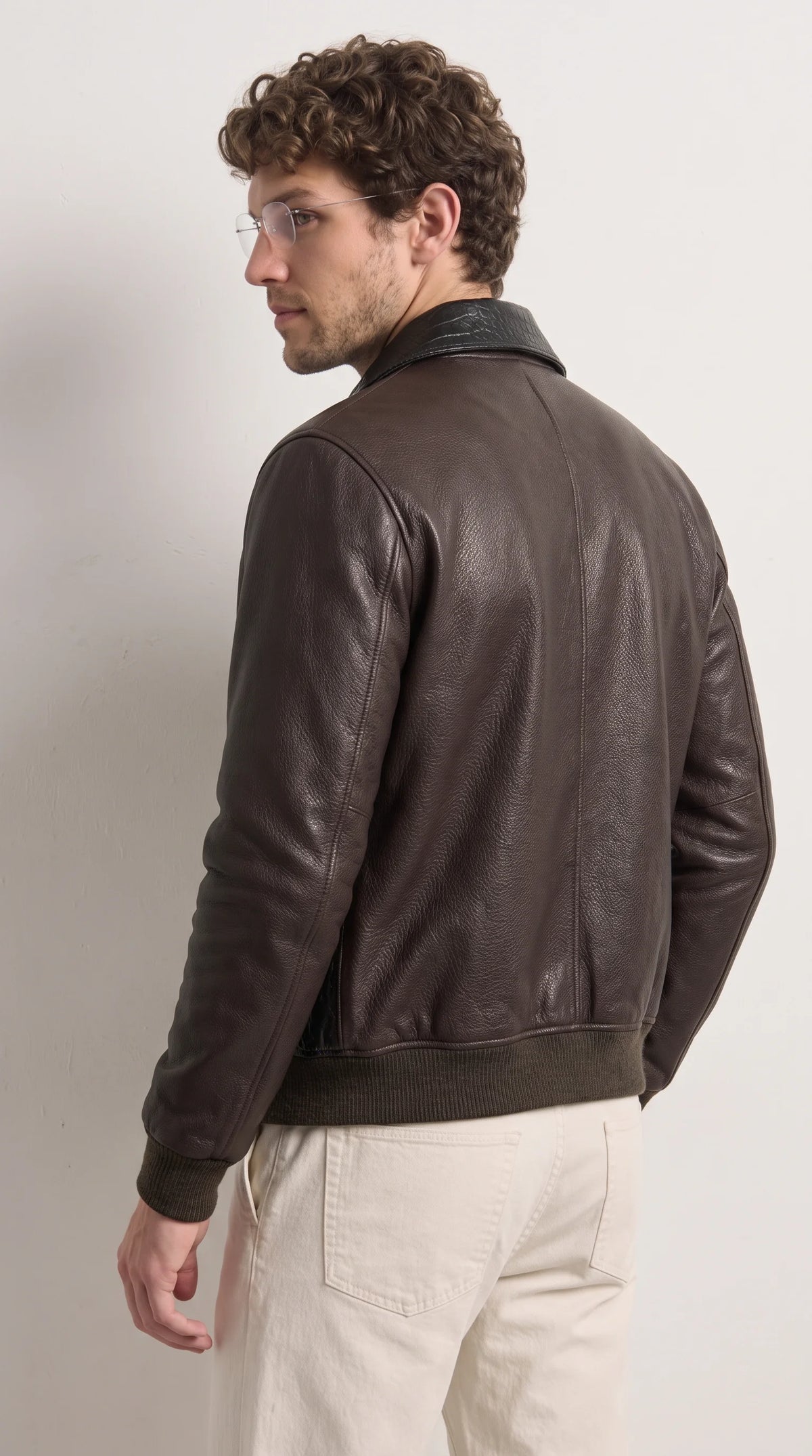 DARK BROWN LEATHER AND BLACK CROCODILE LEATHER JACKET