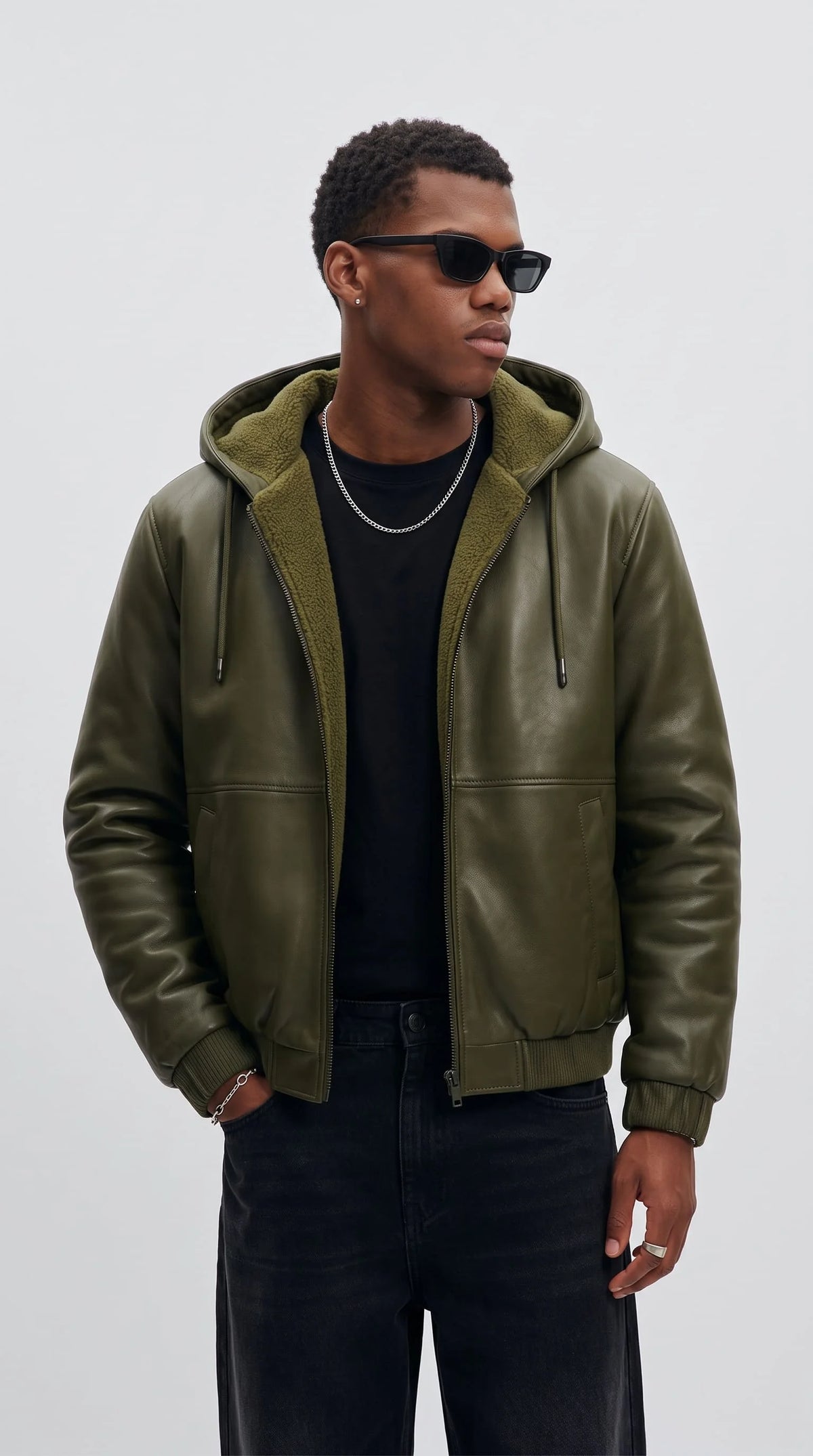 DARK GREEN LEATHER BOMBER JACKET WITH SHEARLING-LINED HOOD
