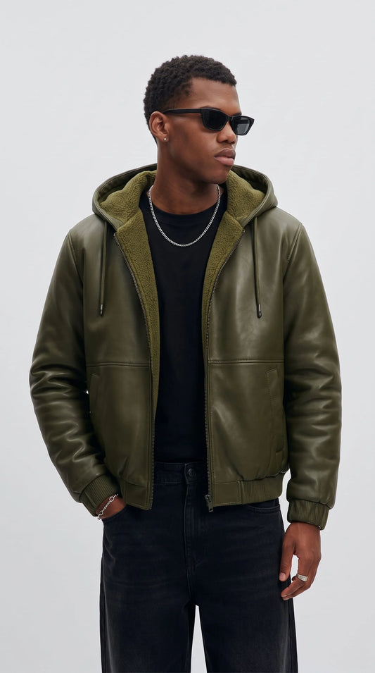DARK GREEN LEATHER BOMBER JACKET WITH SHEARLING-LINED HOOD