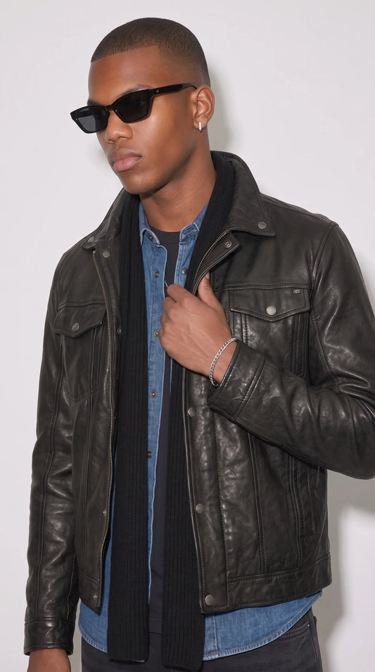 BLACK LEATHER TRUCKER JACKET