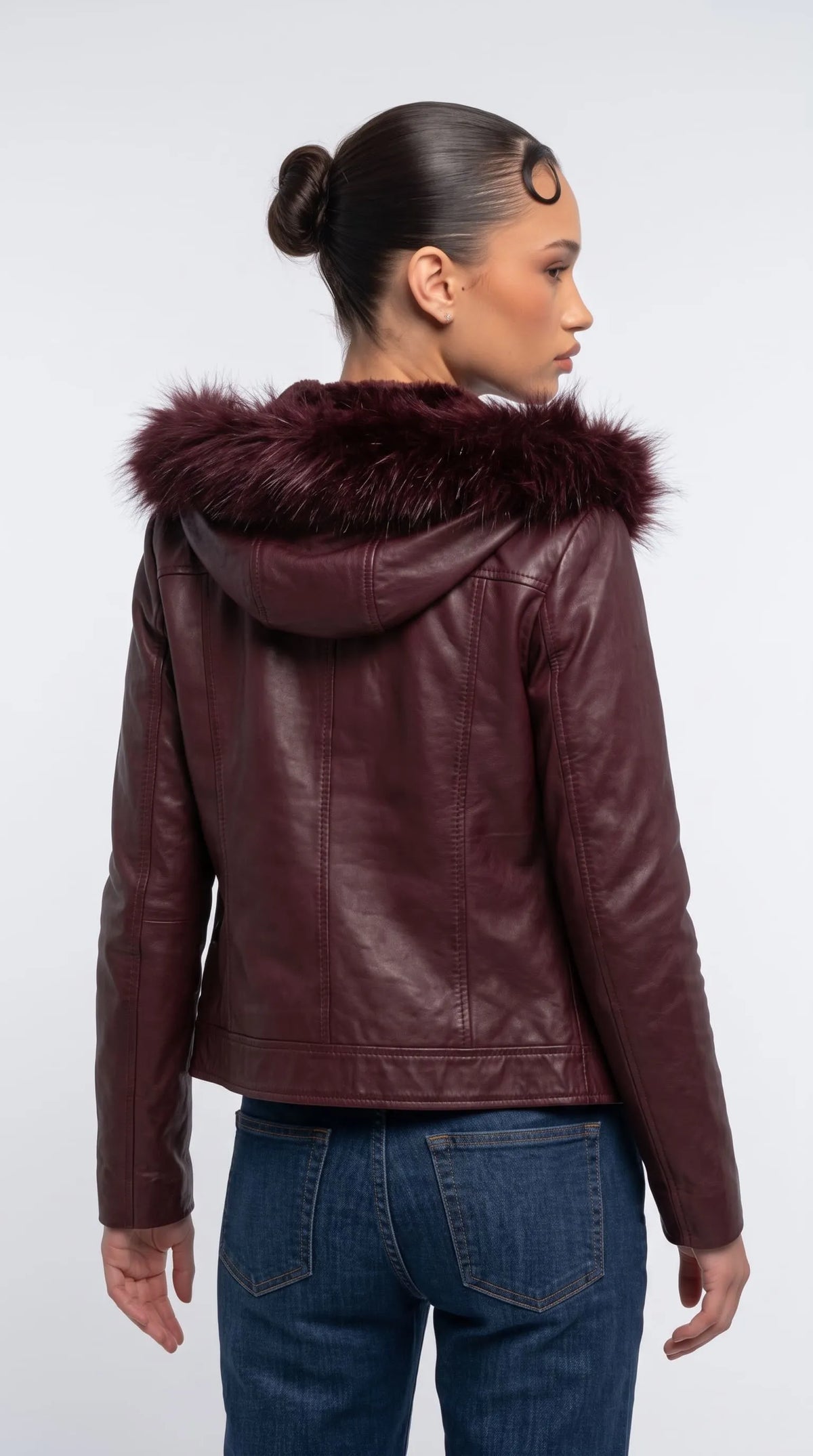 DARK RED VINE LEATHER BAGGY OVERSIZED JACKET WITH BLACK FUR
