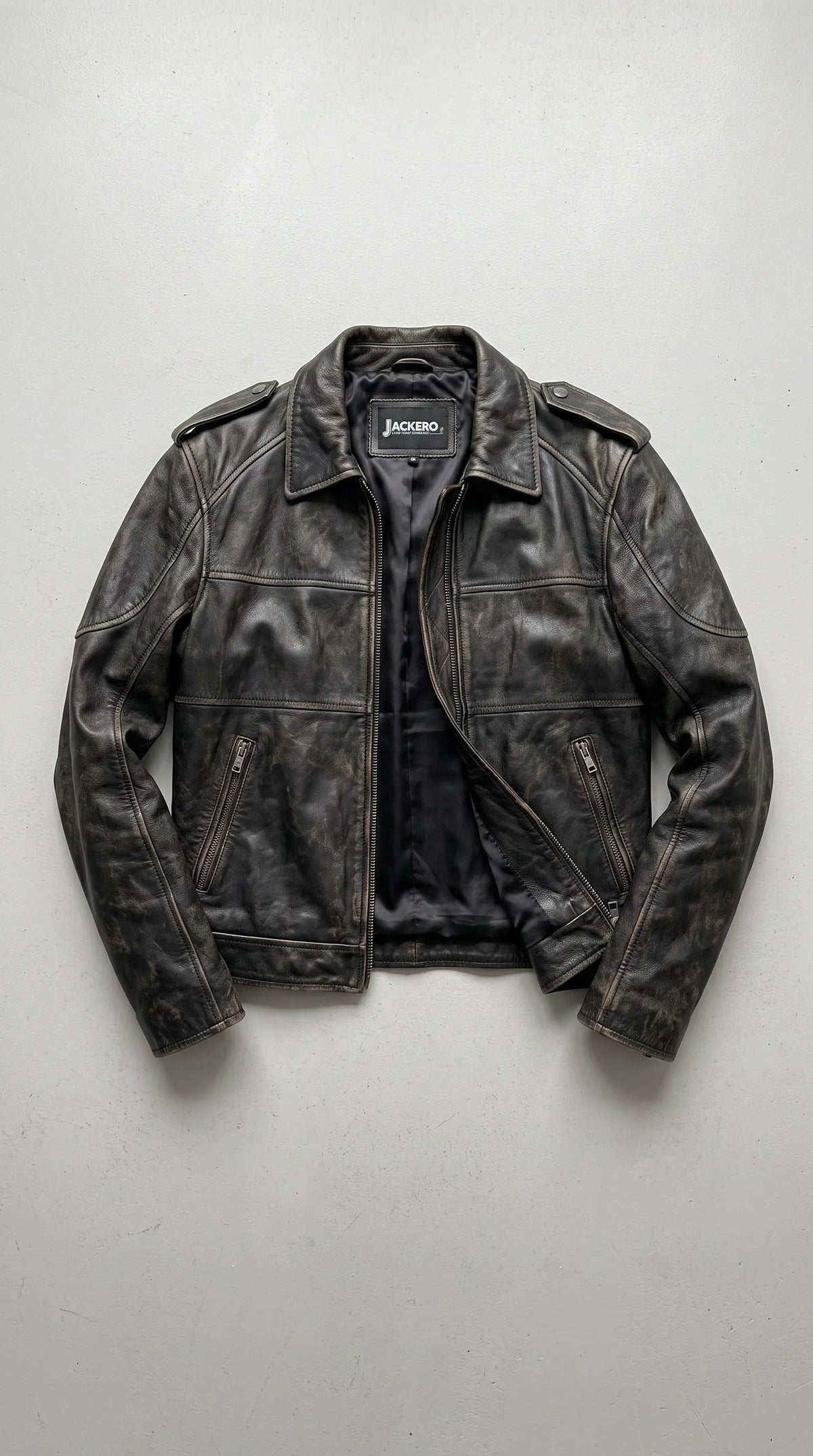VINTAGE-WASH BLACK LEATHER RACER JACKET