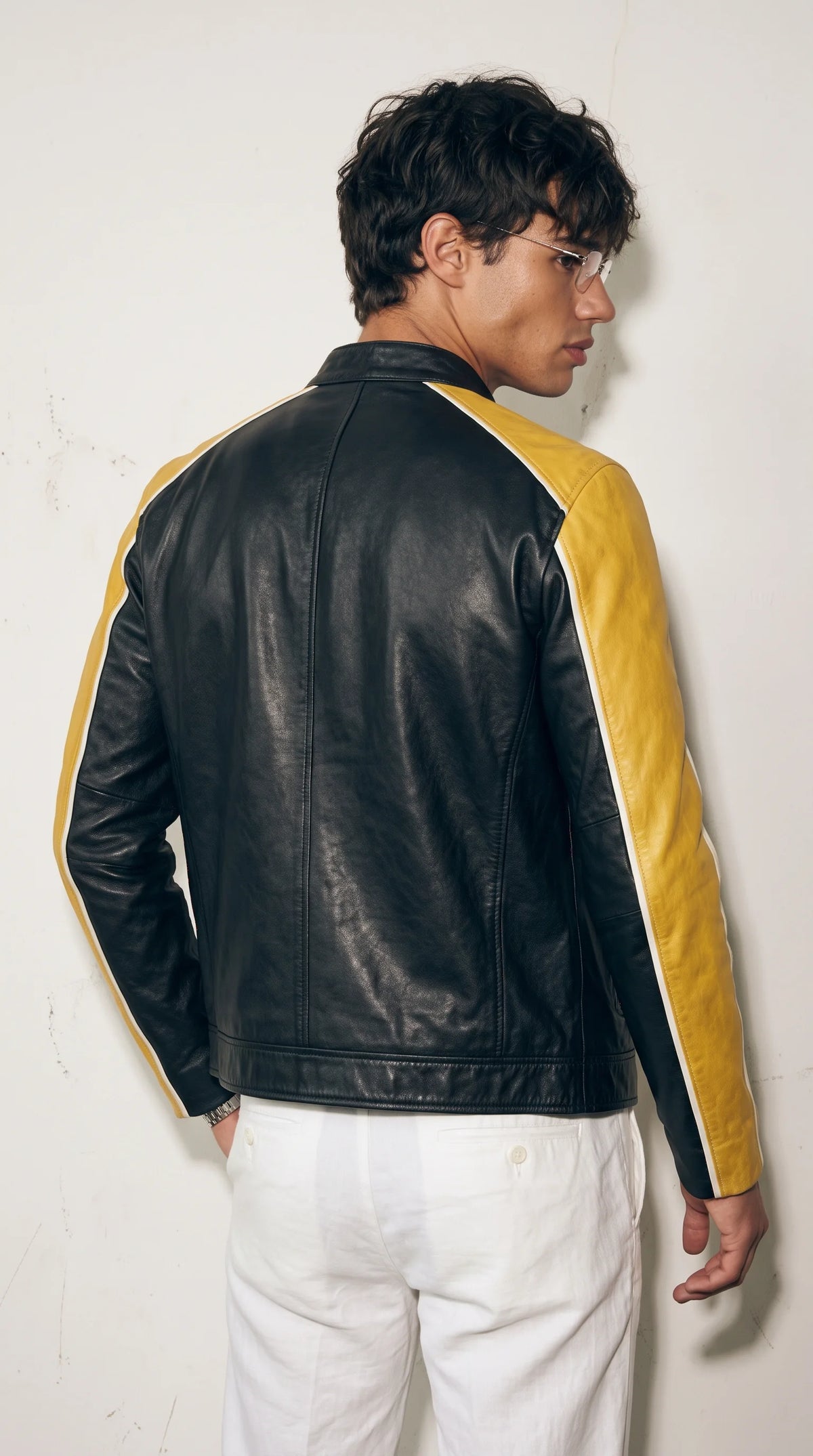 BLACK, YELLOW & WHITE TRICOLOR LEATHER CAFE RACER JACKET