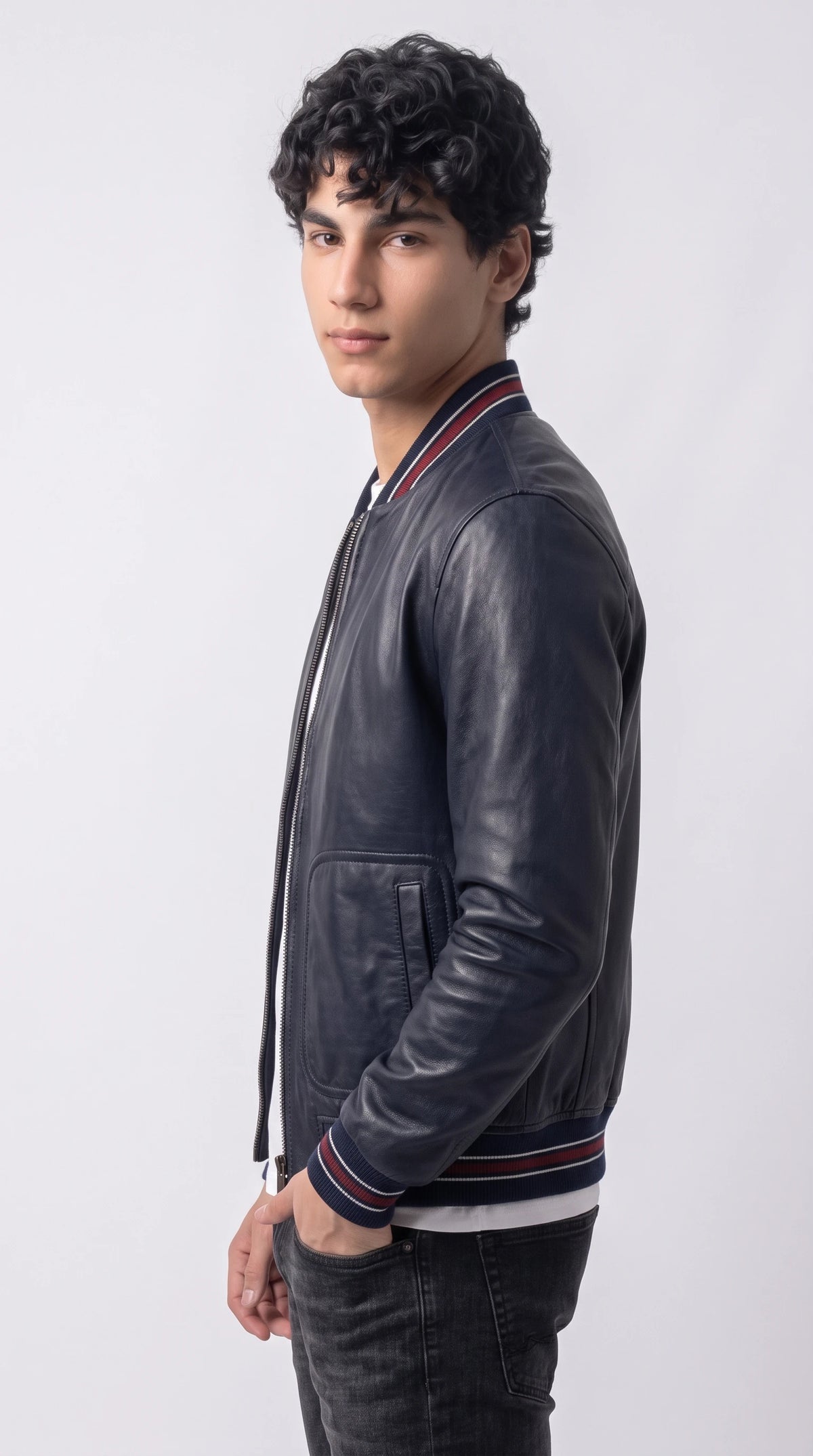 DARK BLUE LEATHER BOMBER JACKET
