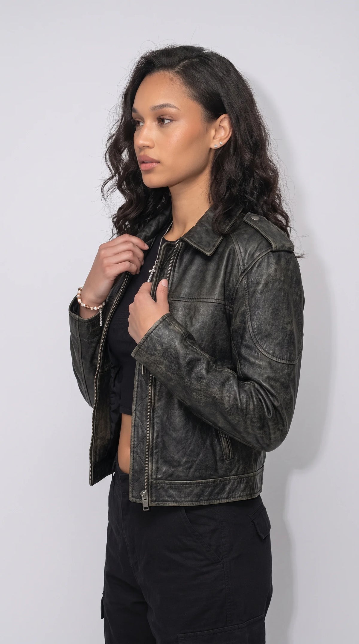 VINTAGE-WASH BLACK LEATHER RACER JACKET