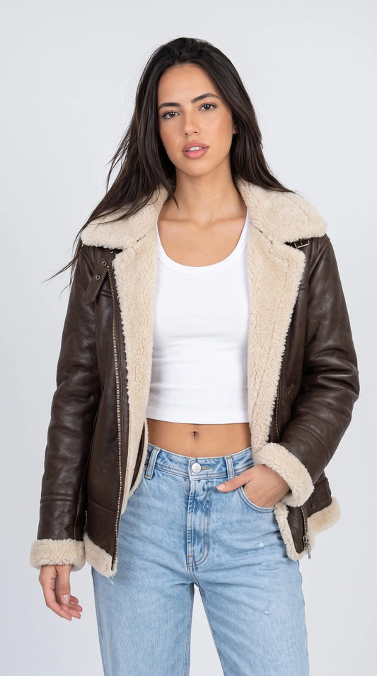 DARK CHOCOLATE BROWN LEATHER BAGGY OVERSIZED JACKET WITH SHEARLING